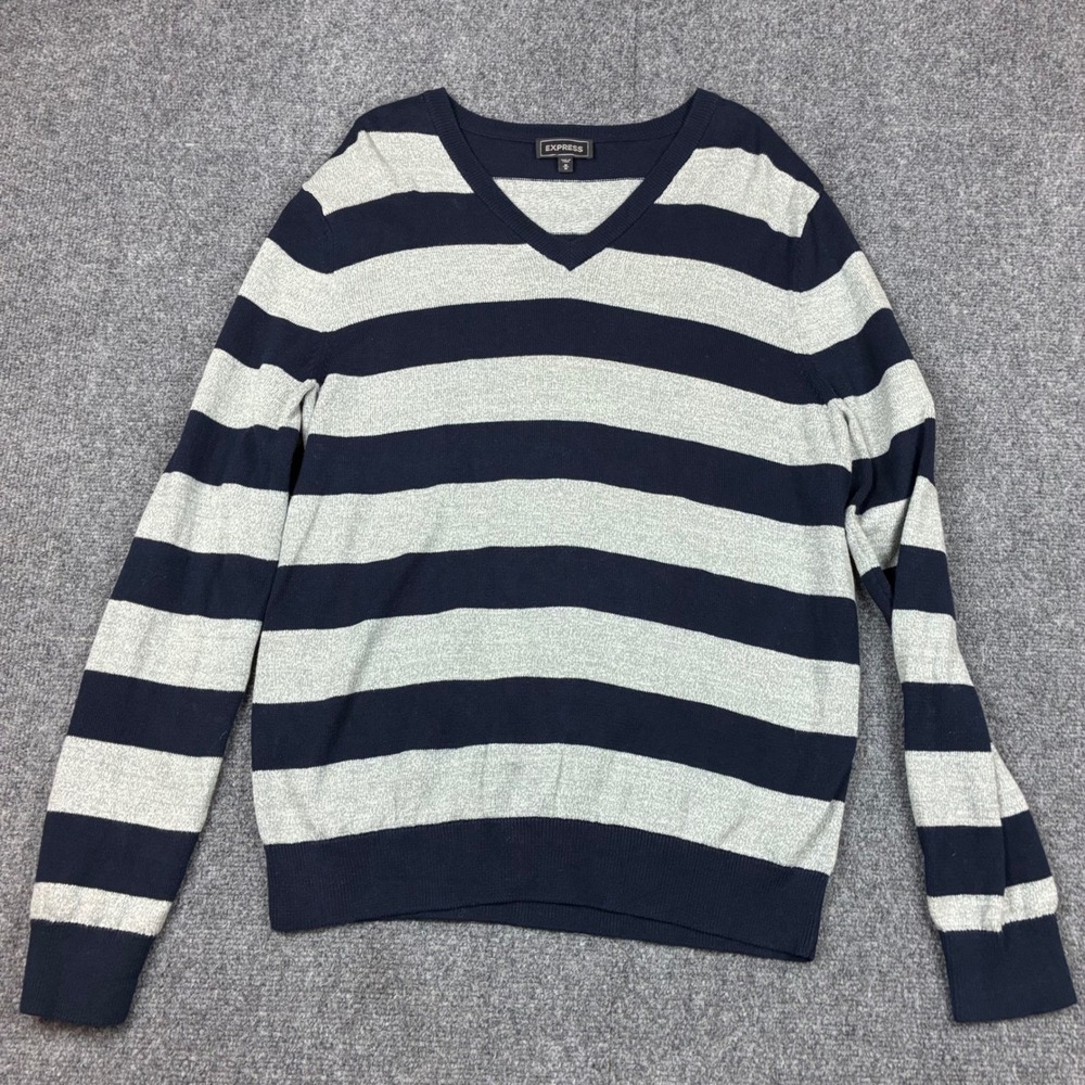 Express Mens Size Medium Sweater Navy Blue Heather Grey Striped Knit Pullover